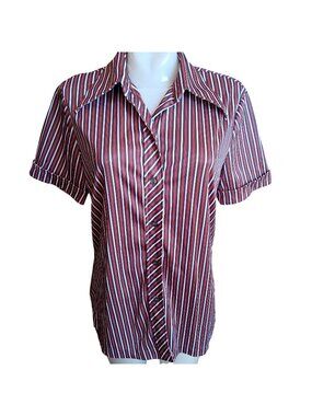 True Vintage Top Large 80's Mom Striped Shirt Button-Up Blouse Stretch Polyester